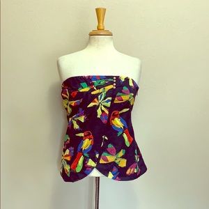 Artsy strapless navy blue top birds butterflies